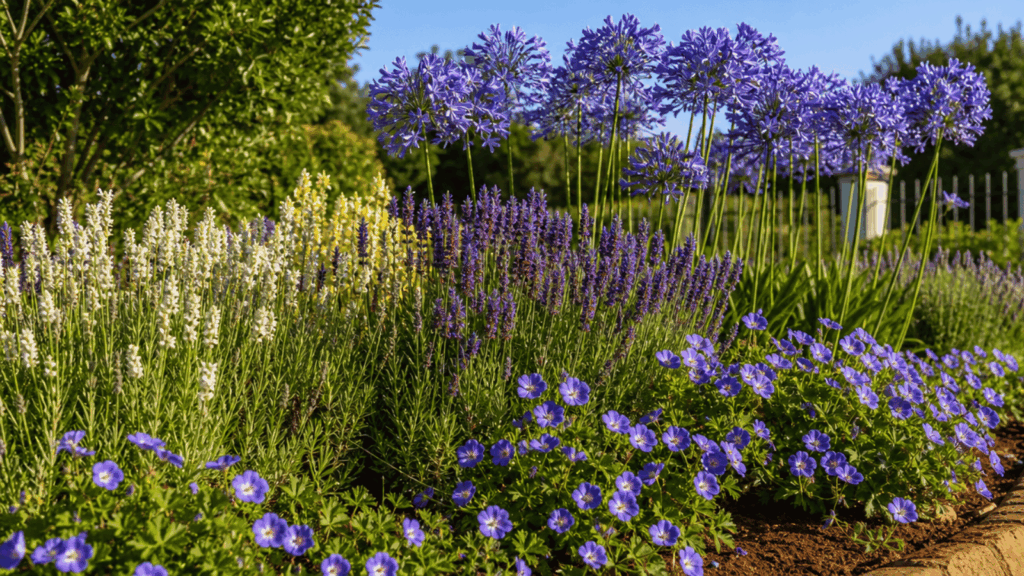 A lush garden bed featuring an array of lavender varieties with white, pale yellow, and deep purple flower spikes, standing alongside towering stalks of Agapanthus 'Headbourne Hybrids' topped with large, spherical clusters of violet-blue trumpet flowers, and sprawling mounds of Geranium 'Rozanne' covered in delicate violet-blue cranesbill blossoms.