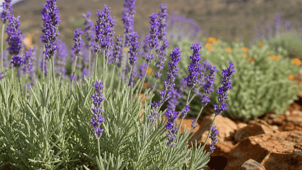 famous South African cultivar, Margaret Roberts lavender, showcasing its characteristic slender violet-blue flower spikes and fine, aromatic grey-green foliage.
